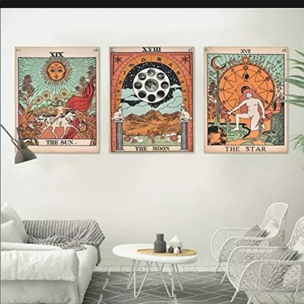 Sun Moon Star Tarot 3 Piece Hanging Wall Hanging Decor Hippy Witch Tapestry Set